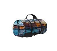 Borsa da palestra con tracolla, cerniera, 2 tasche laterali, per uomo e donna, borsa da viaggio e da viaggio, con motivo tramonto estivo panoramico blu, città vecchia, Gamla
