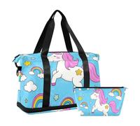 Borsa da palestra con unicorni arcobaleno bianchi cartoni animati per la notte Tote e bagaglio con borsa da toilette per aereo, grande capacità, Unicorni arcobaleno bianco carino cartone animato, 1
