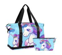 Borsa da palestra con unicorni in stile cartone animato con glitter finti blu, grande borsa da palestra con tasca bagnata, tracolla regolabile, borsa da palestra per viaggi di lavoro, multifunzionale