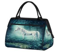Borsa da palestra con unicorno bianco nella foresta per uomini e donne, borsone sportivo da viaggio, impermeabile, borsa da viaggio per la notte, borsa leggera da portare a mano