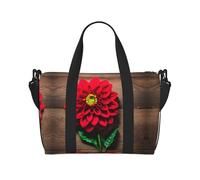 Borsa da palestra da donna, con stampa di dalie rosse in legno, con motivo floreale retrò, nero, Taglia unica