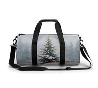 Borsa da palestra da viaggio con albero di Natale nella neve, foresta nebbiosa, per donne e uomini, borsa da viaggio cilindrica con tracolla