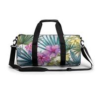 Borsa da palestra da viaggio con motivo tropicale floreale e foglie di palma, per donne e uomini, borsa da viaggio cilindrica con tracolla