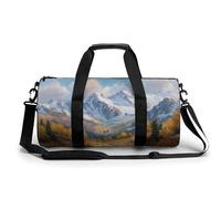 Borsa da palestra da viaggio con paesaggio autunnale con alberi dorati, montagne, per donne e uomini, borsa da viaggio cilindrica con tracolla