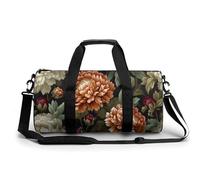 Borsa da palestra da viaggio con peonie arancioni e bianche con foglie verdi, per donne e uomini, borsa da viaggio cilindrica con tracolla