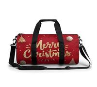 Borsa da palestra da viaggio con scritta "Merry Christmas" in lamina d'oro su sfondo rosso, per donne e uomini, borsa da viaggio cilindrica con tracolla