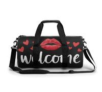 Borsa da palestra da viaggio con scritta "Welcome and Red Lipstick Kiss Mark", per donne e uomini, cilindrica, borsa da allenamento sportiva con tracolla