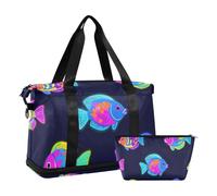 Borsa da palestra estiva con motivo pesci tropicali al neon con tracolla regolabile per escursionismo, set da 2 pezzi, colore neon estivo con pesci tropicali, taglia unica, Estate Neon Tropical Fish
