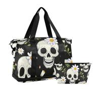 Borsa da palestra nera con margherita e teschio, borsa da viaggio per il fine settimana con borsa da toilette per aereo, grande capacità, Teschio fiore margherita nera, 1 size