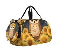 Borsa da palestra per bambini con grazioso gufo hippie e girasoli con scomparto per scarpe, borsone da viaggio multifunzionale con cinghia regolabile per viaggi, nuoto, danza, danza