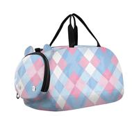 Borsa da palestra per bambini con motivo a scacchi blu chiaro e rosa cipria con scomparto per scarpe, multifunzionale, per viaggi notturni, weekender, per ragazzi e ragazze