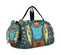 Borsa da palestra per bambini con scimmia pescatrice blu con scomparto per scarpe, grande capacità, per la notte, weekender, borsa da viaggio per ragazzi e ragazze