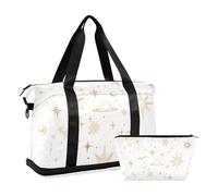 Borsa da palestra per viaggi d'affari pieghevole per uomini e donne con tasca bagnata e tracolla regolabile con motivo a cartoni animati e stelle lunari, colore oro