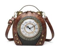 Borsa da passeggio con orologio stile vintage borsa a tracolla borsa in pelle PU borsa a tracolla borsa retrò Steampunk per donne e ragazze (Marrone)