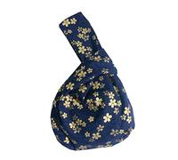 Borsa da polso in cotone alla moda con motivo kimono giapponese, borsa tote con nodo, borsa portatile da donna (fiori di ciliegio blu)