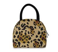 Borsa da pranzo in nylon con stampa leopardata nera, marrone, beige, doppia tasca, spaziosa, interna per uomini e scuola