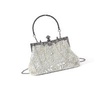 Borsa da sera con manico floreale unico con perle perline Kiss Lock borsa a tracolla catena per occasioni speciali borsa a tracolla, Argento, One Size
