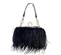 Borsa Da Sera In Piume di Struzzo Portafoglio con piume alla moda, pochette da donna, con diamanti, anelli for nocche, for cena, festa, matrimonio, lusso, chic(Black)