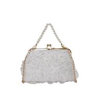 Borsa da sera in pizzo da donna con chiusura a bacio floreale elegante rosa pochette con cinturino a catena vintage perla pochette per matrimonio ballo tè party, bianco, 190.00x180.00x100.00mm