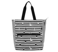 Borsa da spesa decorativa per bambini, ragazzi e ragazze, a righe bianche e nere, stelle, luna, leggera, riutilizzabile, con cerniera, per scuola, lavoro, viaggi