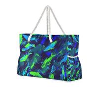 Borsa da spiaggia compatta impermeabile con pesci blu neon e verde scuro con cerniera per lavoro con portabicchieri sul lato