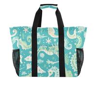 Borsa da spiaggia con cavalluccio marino, verde menta, pieghevole, impermeabile, con manici