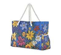 Borsa da spiaggia con fiori retrò con pittura a olio blu al tatto robusta borsa impermeabile per la spiaggia con cerniera grandi borse da donna con tasche