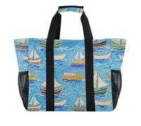 Borsa da spiaggia con pittura a olio blu con tasche in tela, Barca blu pittura ad olio d'arte, 1 size, Moda