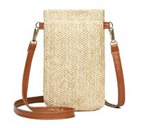 Borsa da spiaggia con spallacci lunghi, chiusura con bottoni, design verticale, tinta unita, da spiaggia, in rattan, accessorio alla moda, cachi, taglia unica