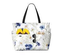 Borsa da spiaggia con stampa mucca in bianco e nero alla moda, impermeabile, borsa da spiaggia per donne, borsa da piscina pieghevole leggera con scomparto bagnato con cerniera, Fiori selvatici e