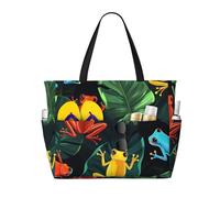 Borsa da spiaggia da donna con foglie di palma e rana, borsa da spiaggia impermeabile colorata con cerniera, leggera, per la notte, per lo shopping, il nuoto, regali per le vacanze estive