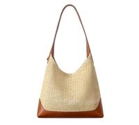 Borsa da spiaggia da donna in paglia color block, secchiello intrecciato | Borsa a tracolla in materiale PU 11,81x8,66x2,76 pollici per la festa di viaggio dello shopping per le vacanze estive