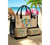 Borsa da spiaggia da donna, stampata con il testo "Vita in barca a vela" e il motivo dell'ombrellone e della palma, borsa capiente con 2 borsette cosmetiche, con elementi di delfino, stella e conchigl