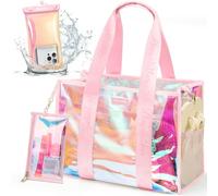 Borsa da spiaggia da donna, trasparente, iridescente, borsa da spiaggia con borsa per il trucco e custodia per telefono, borsa da piscina impermeabile con cerniera a prova di sabbia, Tramonto Rosa