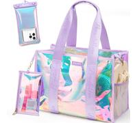Borsa da spiaggia da donna, trasparente, iridescente, borsa da spiaggia con borsa per il trucco e custodia per telefono, borsa da piscina impermeabile con cerniera a prova di sabbia, Lavanda, Taglia