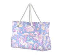 Borsa da spiaggia di grande capacità con unicorni arcobaleno viola con cerniera Tote Bags con portabicchieri sul lato