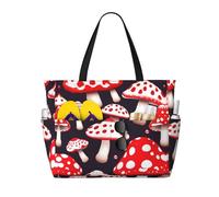 Borsa da spiaggia di grande capacità, impermeabile, da piscina, per palestra, nuoto, campeggio, borsa da portare con sé con stampa di funghi e rosso
