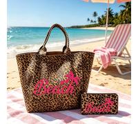 Borsa da spiaggia e borsa per il trucco con stampa leopardata di grande capacità, perfetta per gite al mare, feste in piscina, shopping e uso quotidiano. Versatile e ideale per l'estate, il ritorno a 