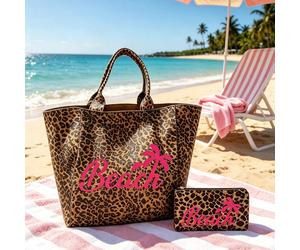 Borsa da spiaggia e borsa per il trucco con stampa leopardata di grande capacità, perfetta per gite al mare, feste in piscina, shopping e uso quotidiano. Versatile e ideale per l'estate, il ritorno a 