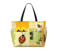 Borsa da spiaggia gialla con margherite a griglia per donne, con farfalle e coccinelle, impermeabile, con cerniera, leggera, per la notte, per lo shopping, il nuoto, regali per le vacanze estive