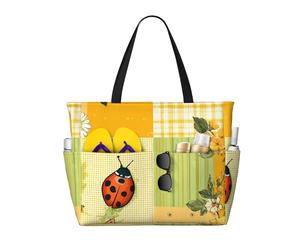 Borsa da spiaggia gialla con margherite a griglia per donne, con farfalle e coccinelle, impermeabile, con cerniera, leggera, per la notte, per lo shopping, il nuoto, regali per le vacanze estive