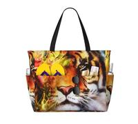 Borsa da spiaggia grande astratta con tigre, animali selvatici e mandala a colori, per donna, con cerniera e tasca impermeabile, borsa da palestra leggera e pieghevole per viaggi, spesa, nuoto e spor
