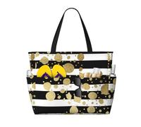 Borsa da spiaggia grande con schizzi di vernice dorata finta su strisce bianche e nere, per donna, con cerniera e tasca impermeabile, borsa da palestra pieghevole e leggera per viaggi, spesa, nuoto,