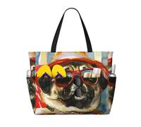 Borsa da spiaggia grande con stampa di un carlino, ideale per l'estate, con cerniera e tasca impermeabile, leggera e pieghevole, perfetta per la palestra, i viaggi, la spesa, il nuoto e lo sport.