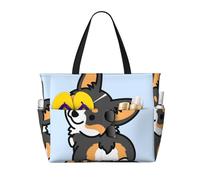 Borsa da spiaggia grande con stampa di un simpatico cane Corgi tricolore, ideale per donne, con cerniera e tasca impermeabile, leggera e pieghevole, perfetta per viaggi, spesa, nuoto e sport.