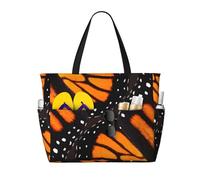 Borsa da spiaggia grande da donna con ali di farfalla monarca arancione, con cerniera e tasca impermeabile, leggera e pieghevole, ideale per la palestra, i viaggi, la spesa, il nuoto e lo sport.