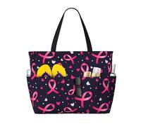Borsa da spiaggia grande da donna con cerniera e tasca impermeabile, con nastri rosa e farfalle, ideale per la lotta contro il cancro al seno, ideale per viaggi, spesa, nuoto e sport.