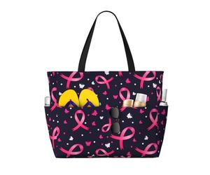 Borsa da spiaggia grande da donna con cerniera e tasca impermeabile, con nastri rosa e farfalle, ideale per la lotta contro il cancro al seno, ideale per viaggi, spesa, nuoto e sport.