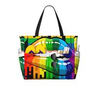 Borsa da spiaggia grande da donna con cerniera e tasca impermeabile, ideale per gay, omosessuali, lesbiche, labbra arcobaleno, leggera e pieghevole, perfetta per viaggi, spesa, nuoto e sport.