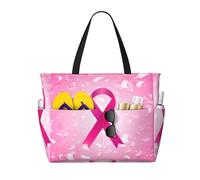 Borsa da spiaggia grande da donna con cerniera e tasca impermeabile, ideale per la sensibilizzazione sul cancro al seno, con nastro rosa e coriandoli, leggera e pieghevole, perfetta per viaggi, spesa,